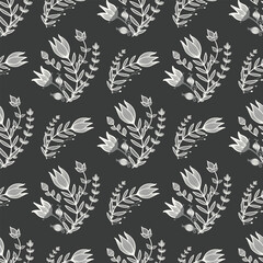 Monochrome floral pattern features delicate white tulips and intricate foliage on a dark background. Modern, elegant, and refined, it evokes sophistication and timeless black-and-white beauty.