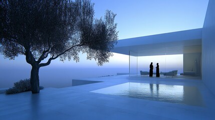 Obraz premium Modern Minimalist Architecture with Infinity Pool and Olive Tree
