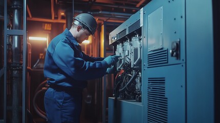 Technician repairing industrial machinery in a dimly lit environment.