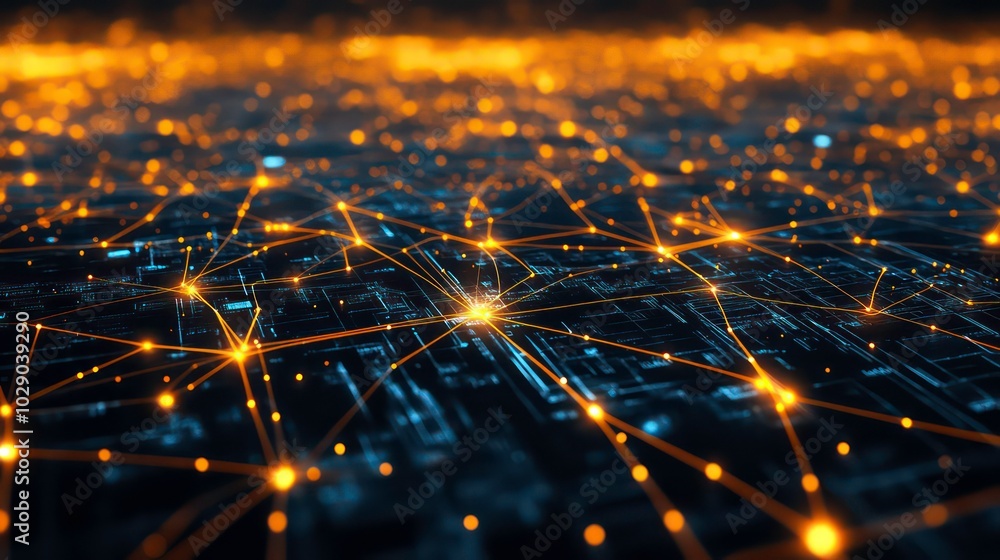 Poster abstract digital network with glowing nodes and lines, representing interconnectedness, data flow, a