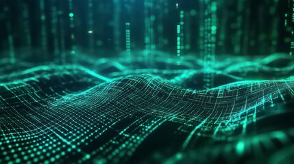 Abstract digital data wave background with green glowing lines and particles.