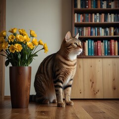 A Bengal cat sits on a hardwood floor, looking towards a bookcase filled with books. There is a vase of yellow roses to the left of the cat.