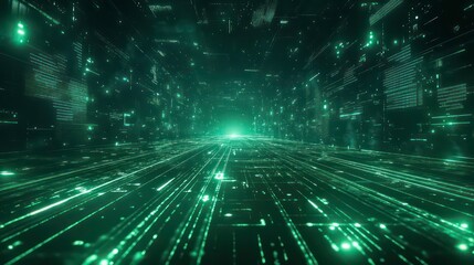Fototapeta premium Abstract digital green futuristic tunnel with glowing lines, a bright light in the distance and data in the background.