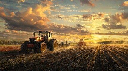 Fototapeta premium Tractors working at sunset in a vibrant agricultural landscape.