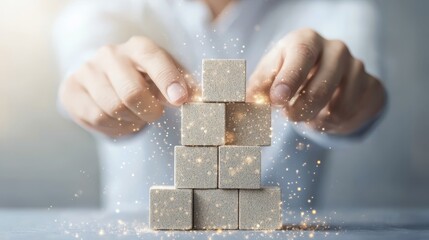 Hands assembling blocks, representing strategic capital investment, business growth, intentional planning, collaborative effort, focused execution