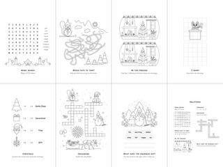 Set of seven games. Christmas Theme. Game and coloring page for kids. English language. Vector illustration. Set No. 1.