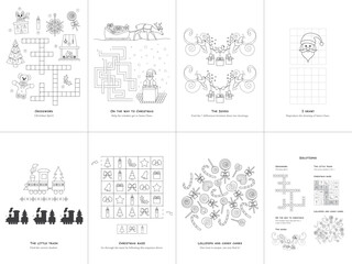 Set of seven games. Christmas Theme. Game and coloring page for kids. English language. Vector illustration. Set No. 2.