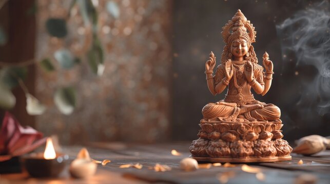 An empty scene featuring a carved sandalwood sculpture of the deity Chamundeshwari, a symbol of Karnataka, creating an ideal product mockup space,