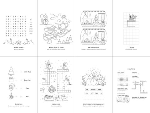 Set of seven games. Christmas Theme. Game and coloring page for kids. English language. Vector illustration. Set No. 1.