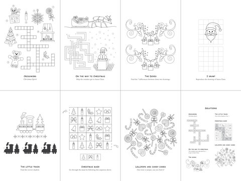 Set of seven games. Christmas Theme. Game and coloring page for kids. English language. Vector illustration. Set No. 2.
