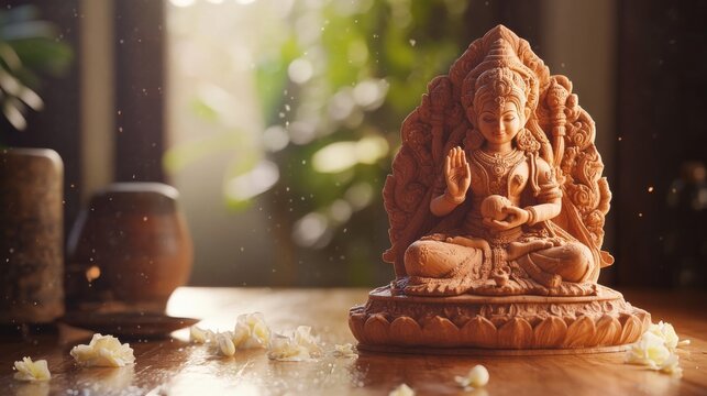 An empty scene featuring a carved sandalwood sculpture of the deity Chamundeshwari, a symbol of Karnataka, creating an ideal product mockup space,