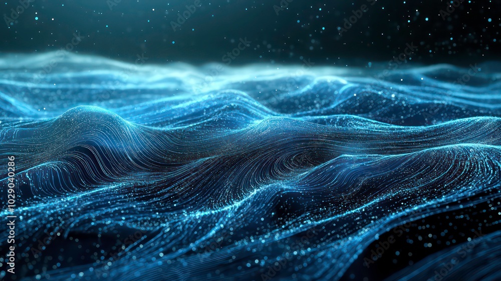 Poster abstract blue digital wave pattern background with glowing particles.