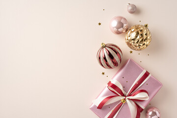 A festive arrangement of a pink Christmas present wrapped with a ribbon, surrounded by gold and...