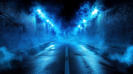 Naklejka premium A mysterious, fog-filled street under a dark blue sky showcases wet asphalt, illuminated by a searchlight and accompanied by dynamic laser beams and smoke, all set against a brick wall.