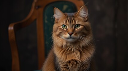 Obraz premium A brown tabby cat with green eyes sits in a wooden chair, looking directly at the camera.