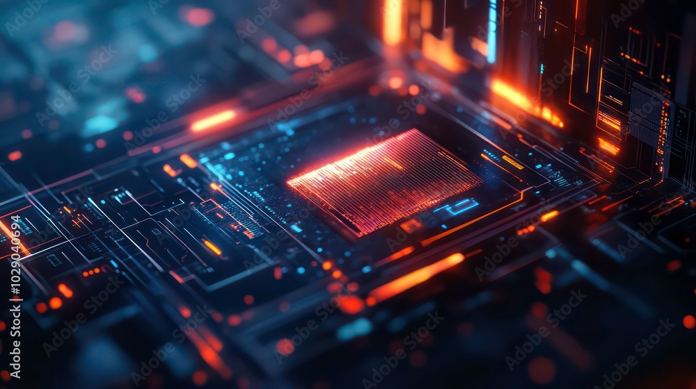 Poster a close-up of a glowing cpu chip surrounded by intricate circuitry and orange lights.