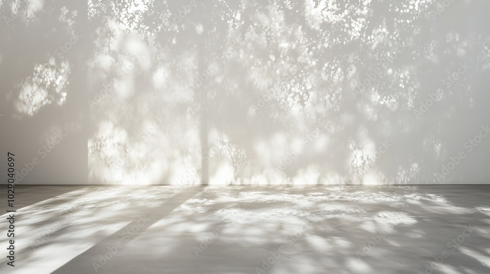 Poster soft sunlight filtering through trees creates beautiful patterns on a white wall in a serene interio