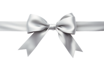 Elegant silver ribbon tied in a classic bow with smooth, flowing loops and long tails isolated on white background