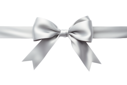 Elegant silver ribbon tied in a classic bow with smooth, flowing loops and long tails isolated on white background
