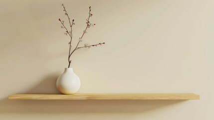 White Vase with Flower Branch on Wooden Shelf Against Beige Wall