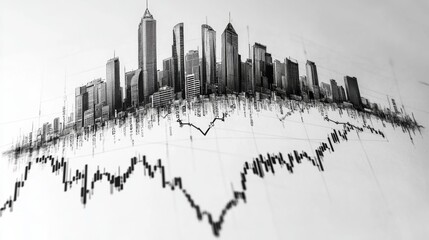 Naklejka premium City Skyline Over Stock Market Chart Financial Growth Development Concept