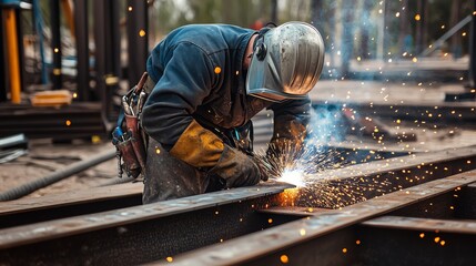 Welder working on steel structure, sparks flying, close-up, focused on craft.