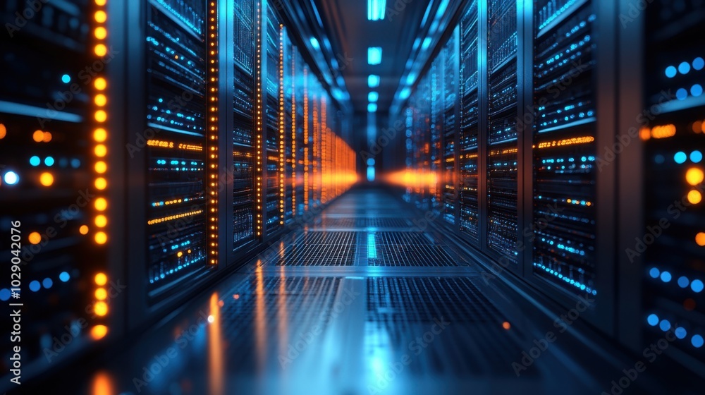 Poster a cutting-edge data center corridor with rows of illuminated servers glowing in blue and orange. the