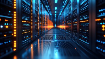 Obraz premium A cutting-edge data center corridor with rows of illuminated servers glowing in blue and orange. the sleek, high-tech environment signifies advanced technology and digital connectivity.
