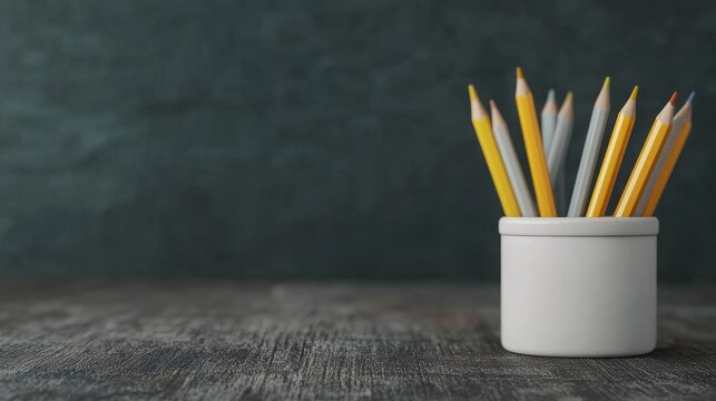 Colorful pencils in a white cup on a rustic table