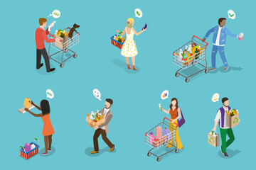3D Isometric Flat Vector Illustration of Happy Shoppers, People Having Good Time in a Mall or Grocery Store