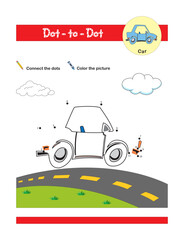 Fototapeta premium Dot to dot activity worksheet for preschool kids. Connect the dots to draw a car. Activity of learning numbers from 1 to 11 and pen control,