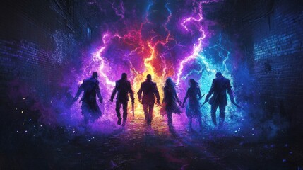 Naklejka premium Silhouettes of People Walking Towards Mystical Lightning and Fire in Alleyway