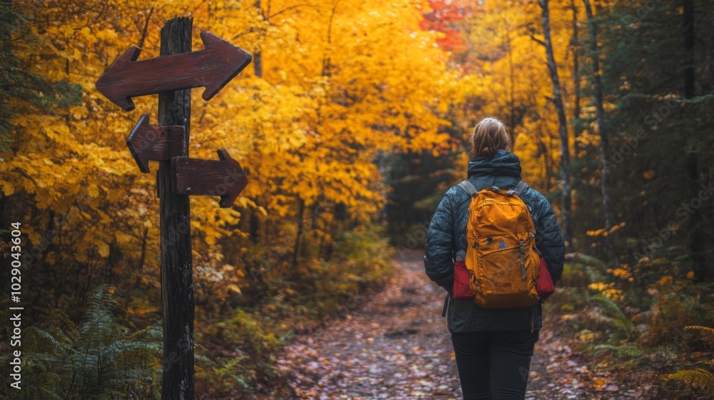 Poster A hiker with a backpack contemplates the direction at a fork in the trail. The surrounding forest is alive with vibrant autumn foliage, creating a picturesque setting during the golden hour.