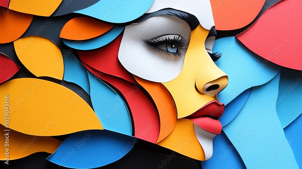Poster paper cut abstract face with simple, fragmented shapes and clean edges, creating a modern portrait, 