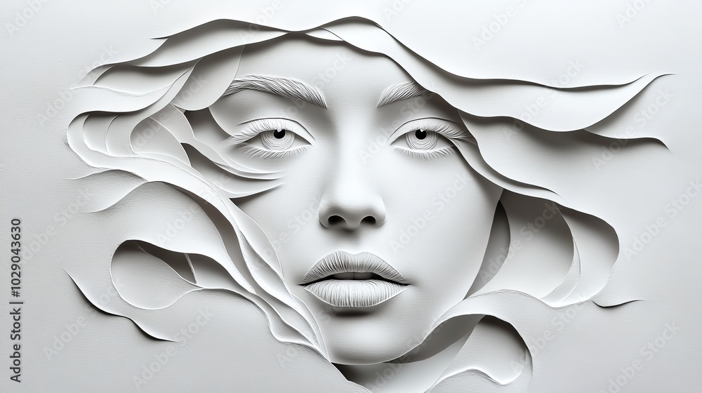 Aufkleber paper cut abstract face with simple, fragmented shapes and clean edges, creating a modern portrait, 