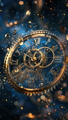 Abstract Clock with Golden Gears and Shimmering Particles for New Year's Countdown Design