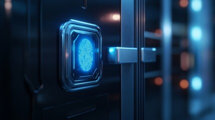Closeup of an advanced locker door featuring a biometric lock system