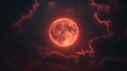 Obraz premium Mysterious Red Moon Surrounded by Clouds at Night