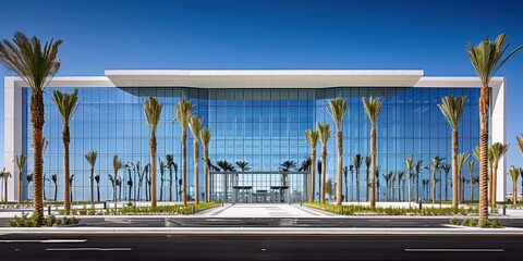 A modern glass-fronted office building surrounded by tall palm trees, reflecting a clear blue sky, exemplifying contemporary architectural design