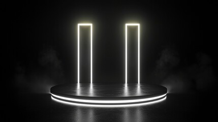 A contemporary podium in a dark aesthetic, complemented by light and reflective surfaces, suitable for product showcases.