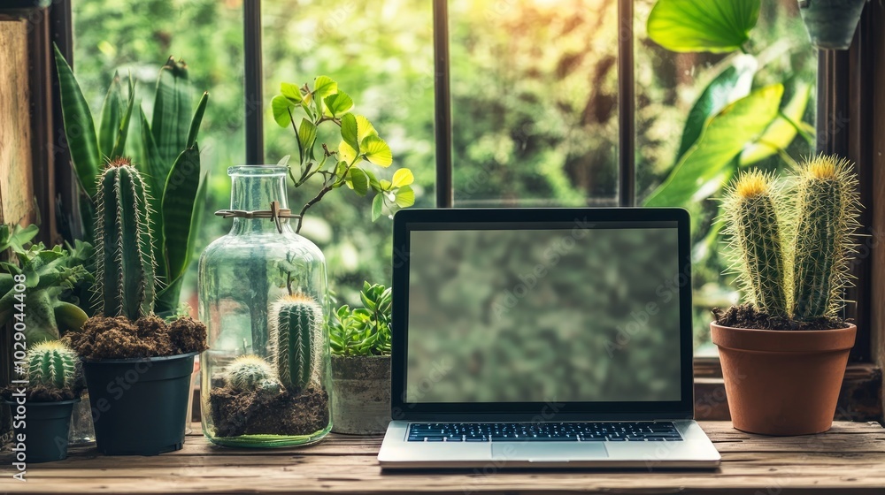 Poster a laptop computer sits on a windowsill surrounded by potted plants and a window with a blurred view 