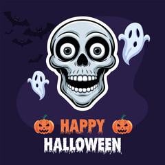 Halloween design with skeleton, ghost and creepy pumpkin on purple background.