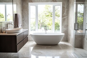 Fototapeta premium A modern bathroom featuring a freestanding tub, large windows, and elegant marble finishes, creating a serene and luxurious atmosphere.