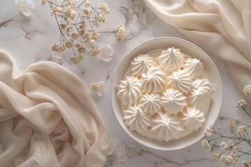 A bowl of white meringue on a marble surface with beige fabric and dried flowers.