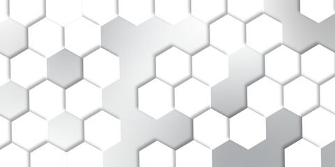 Abstract pattern with hexagonal white and gray technology line paper background. Hexagonal 3d vector grid tile and mosaic structure simple style hexagonal graphic concept. Futuristic surface design.	

