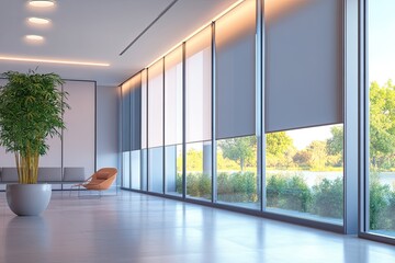 Obraz premium Modern office lobby with window blinds. Perfect for showcasing office design, architecture, or blinds.