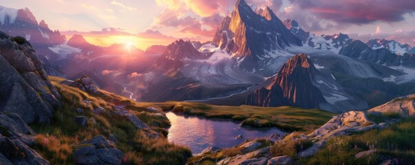 Obraz premium Mountain landscape at sunrise, 4K hyperrealistic photo