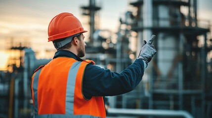 Worker in safety gear overseeing industrial site at sunset.