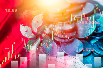 Double exposure of Hong Kong flag with coins and trading graph chart for investment of stock market...
