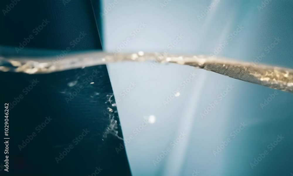 Poster close up of gold glitter cascading over a blue background. create a dynamic and energetic image.